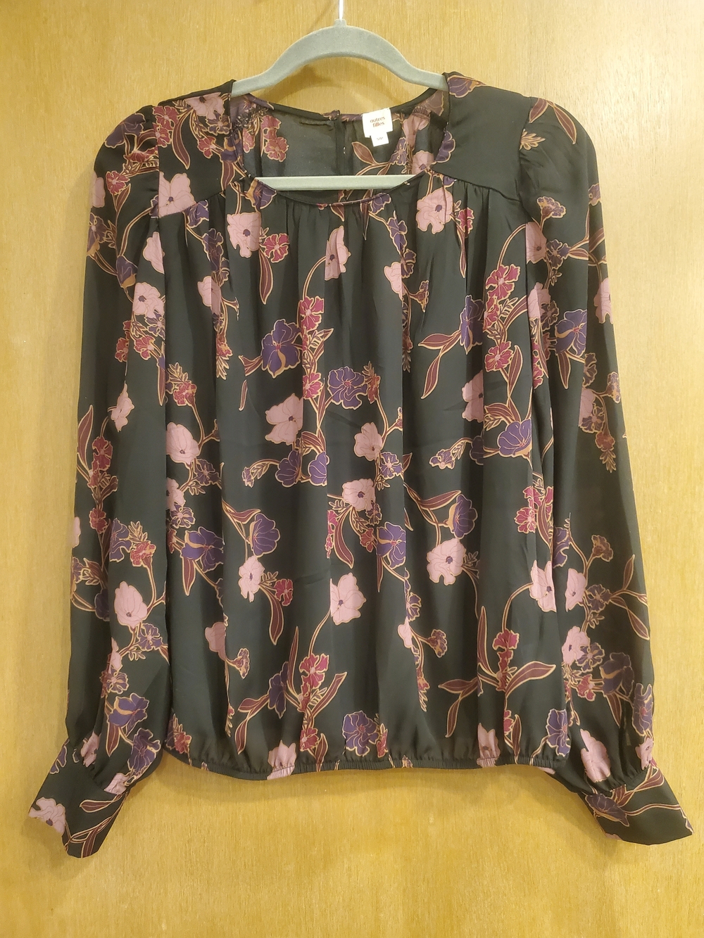 Women's Black Floral Long-Sleeve Blouse with Pink & Purple Blooms